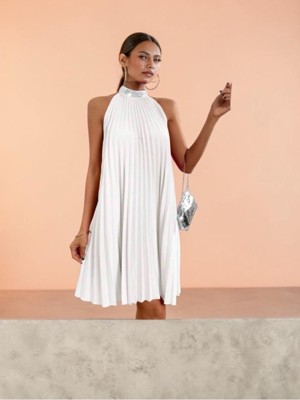 White Pleated Halter Swing Dress with Sequin Collar  | Elegant and Flowy - Picture 6 of 8